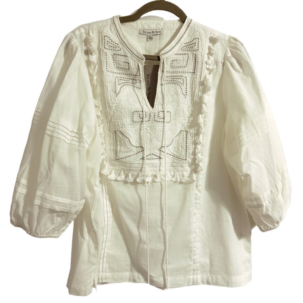 See and Be Seen Cotton Blouse White Size Large Silver Embroidery Poms NWT - Picture 2 of 9